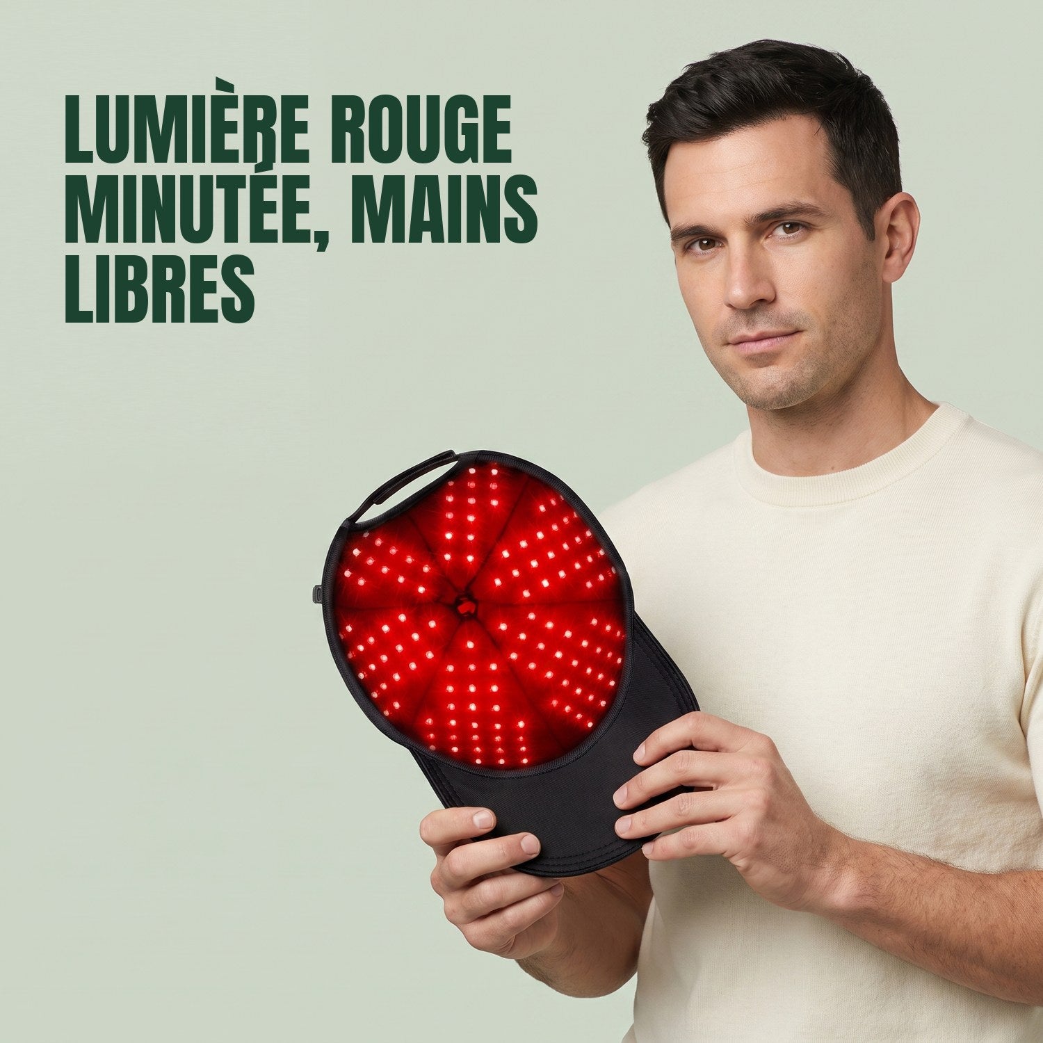 Homme tenant le casque infrarouge sur fond vert