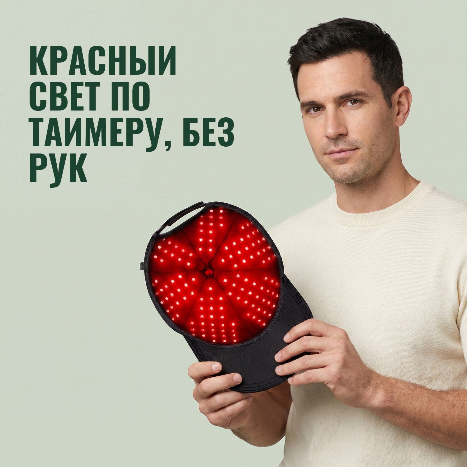 Мужчина держит инфракрасную шапочку для роста волос на зелёном фоне