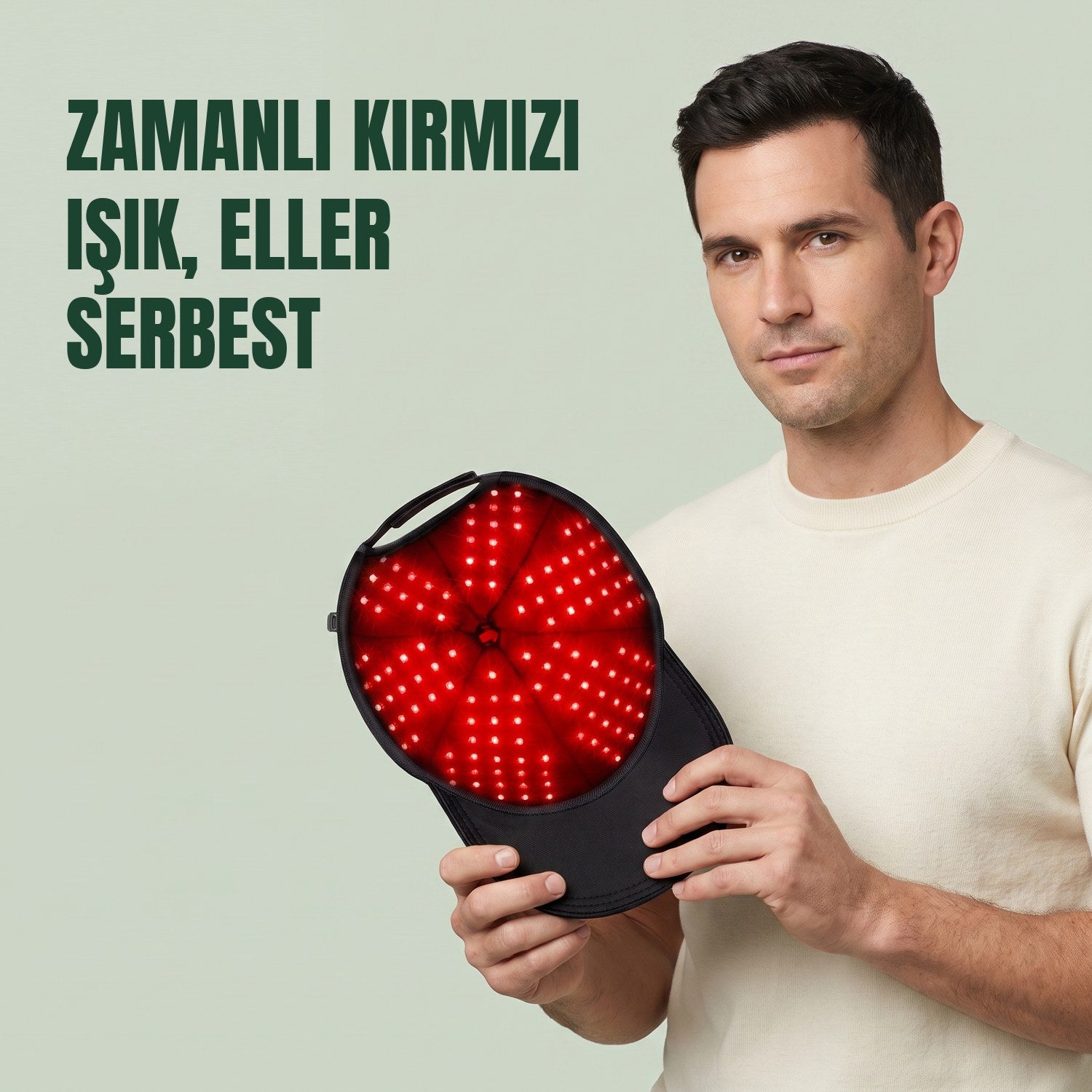 Yeşil arka plan önünde kızılötesi saç büyümesi kepini tutan erkek