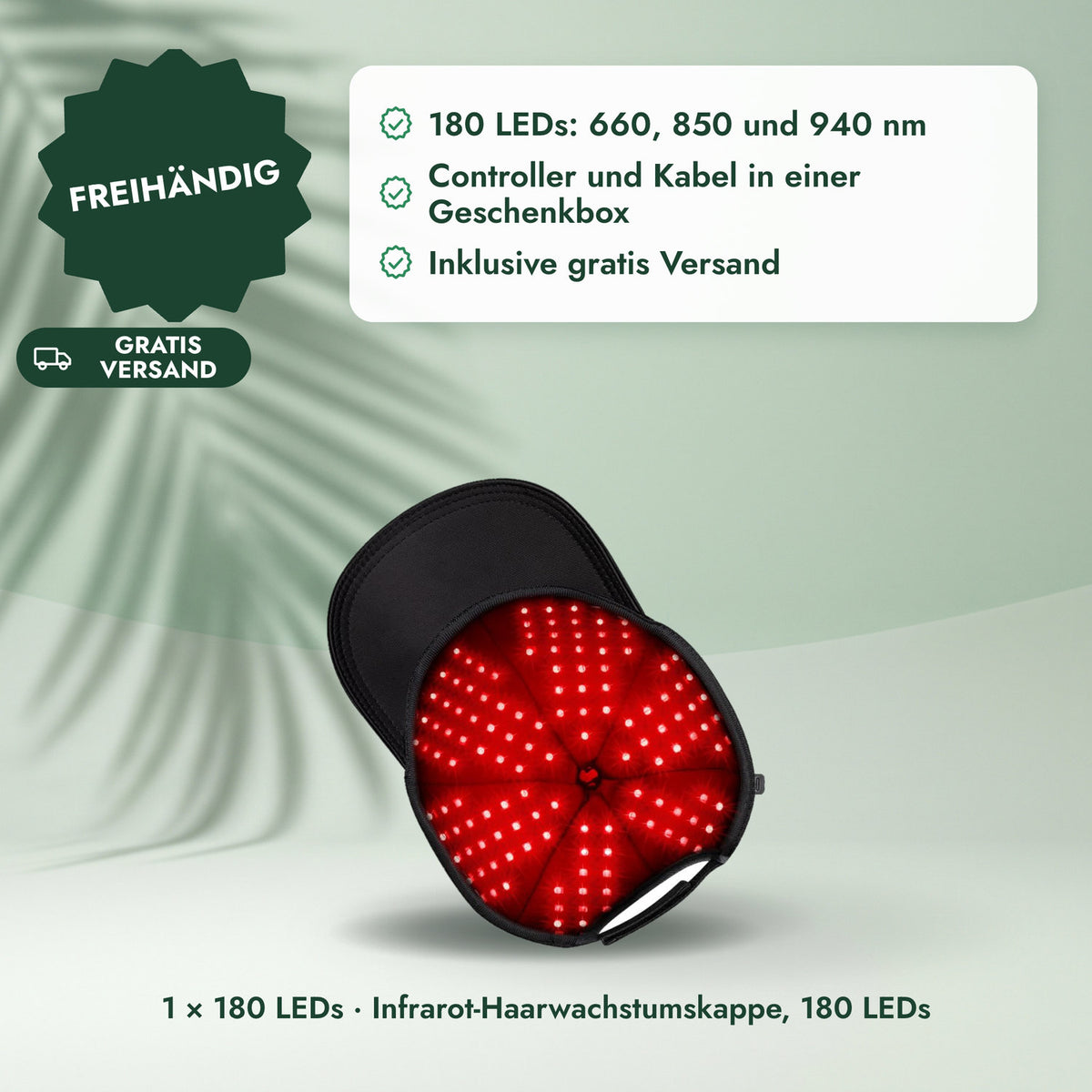 1 × 180 LEDs · Infrarot-Haarwachstumskappe, 180 LEDs: Freihändig