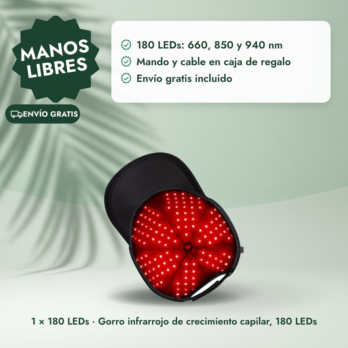1 × 180 LEDs · Gorro infrarrojo de crecimiento capilar, 180 LEDs: Manos libres