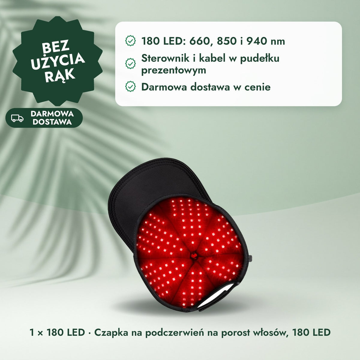 1 × 180 LED · Czapka na podczerwień na porost włosów, 180 LED: Bez użycia rąk