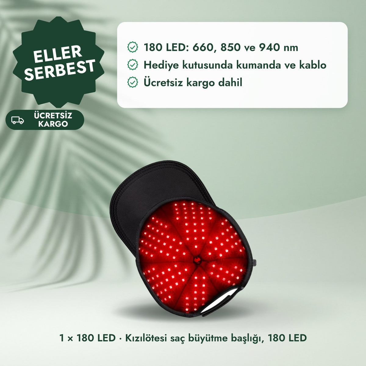 1 × 180 LED · Kızılötesi saç büyütme başlığı, 180 LED: Eller serbest