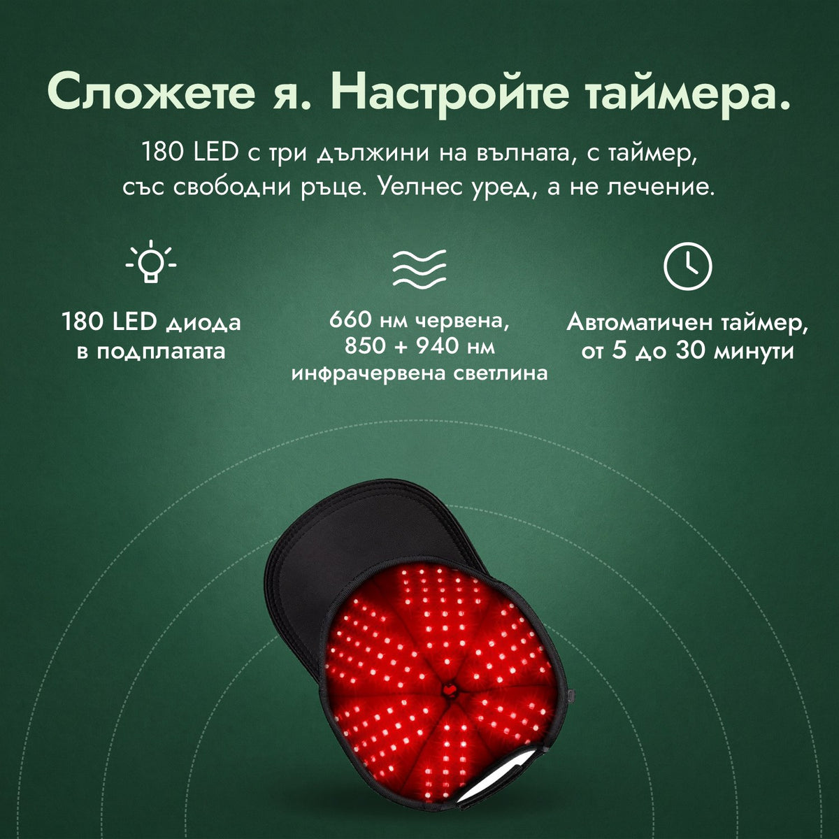 Инфрачервена шапка за растеж на косата, 180 LED: Сложете я. Настройте таймера. 180 LED диода в подплатата, 660 нм червена, 850 + 940 нм инфрачервена светлина, Автоматичен таймер, от 5 до 30 минути