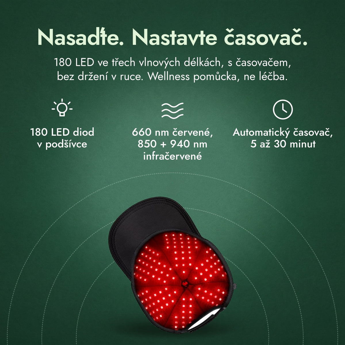 Infračervená čepice pro růst vlasů, 180 LED: Nasaďte. Nastavte časovač. 180 LED diod v podšívce, 660 nm červené, 850 + 940 nm infračervené, Automatický časovač, 5 až 30 minut