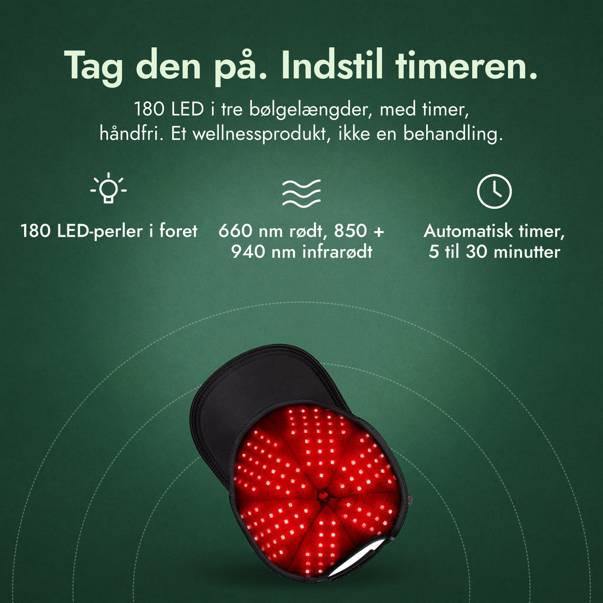 Infrarød hårvæksthætte, 180 LED: Tag den på. Indstil timeren. 180 LED-perler i foret, 660 nm rødt, 850 + 940 nm infrarødt, Automatisk timer, 5 til 30 minutter