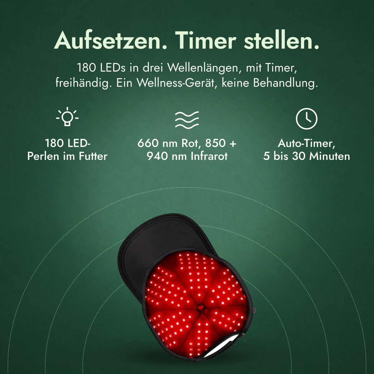 Infrarot-Haarwachstumskappe, 180 LEDs: Aufsetzen. Timer stellen. 180 LED-Perlen im Futter, 660 nm Rot, 850 + 940 nm Infrarot, Auto-Timer, 5 bis 30 Minuten