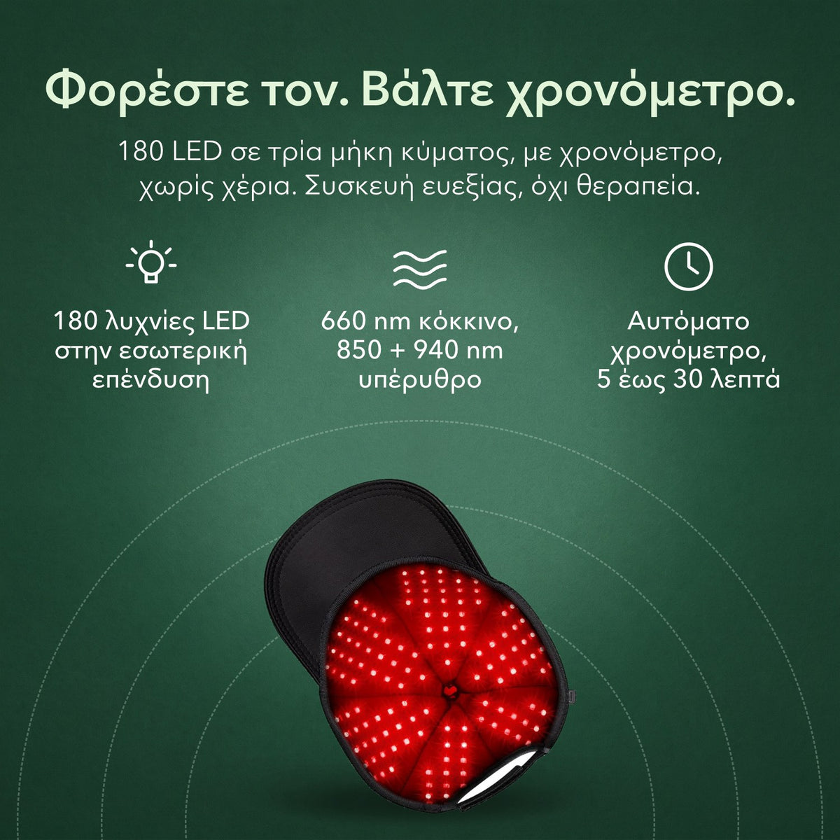 Σκούφος υπερύθρων για ανάπτυξη μαλλιών, 180 LED: Φορέστε τον. Βάλτε χρονόμετρο. 180 λυχνίες LED στην εσωτερική επένδυση, 660 nm κόκκινο, 850 + 940 nm υπέρυθρο, Αυτόματο χρονόμετρο, 5 έως 30 λεπτά