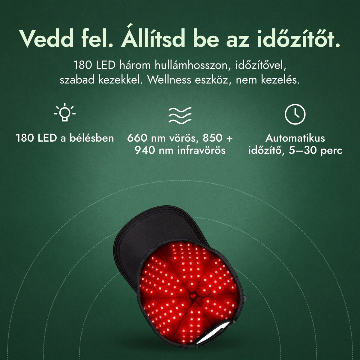 Infravörös hajnövesztő sapka, 180 LED: Vedd fel. Állítsd be az időzítőt. 180 LED a bélésben, 660 nm vörös, 850 + 940 nm infravörös, Automatikus időzítő, 5–30 perc