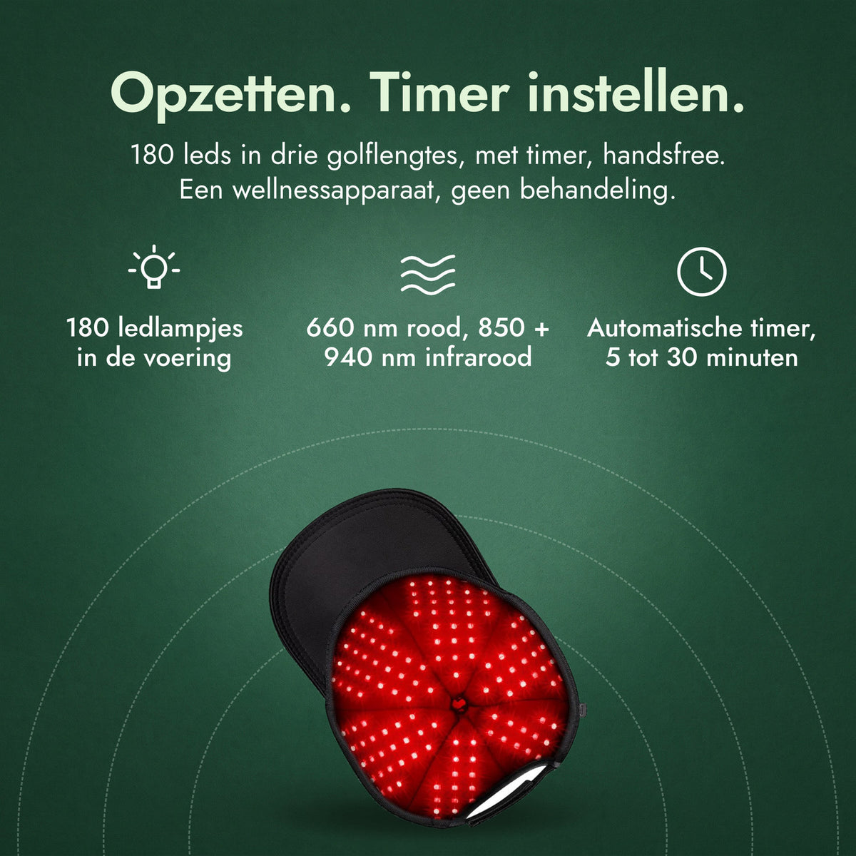 Infrarood haargroeicap, 180 leds: Opzetten. Timer instellen. 180 ledlampjes in de voering, 660 nm rood, 850 + 940 nm infrarood, Automatische timer, 5 tot 30 minuten