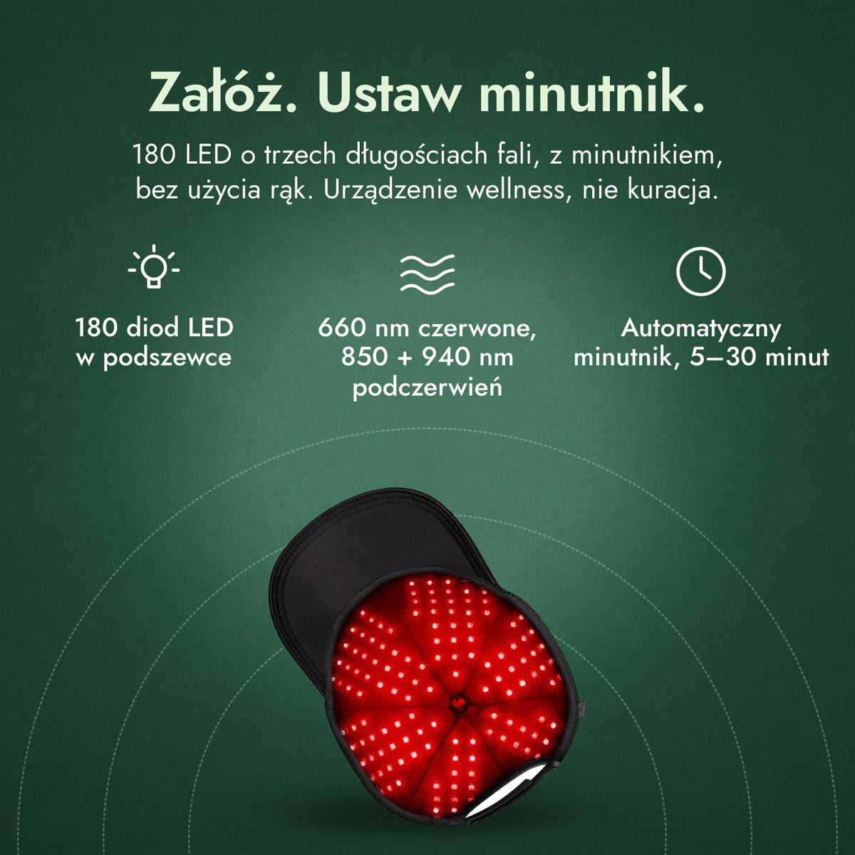 Czapka na podczerwień na porost włosów, 180 LED: Załóż. Ustaw minutnik. 180 diod LED w podszewce, 660 nm czerwone, 850 + 940 nm podczerwień, Automatyczny minutnik, 5–30 minut
