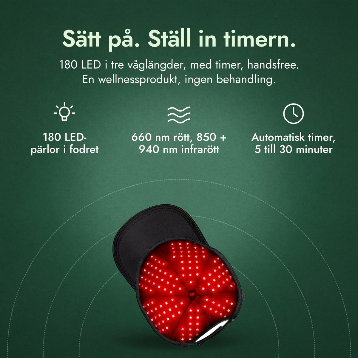 Infraröd hårväxtmössa, 180 LED: Sätt på. Ställ in timern. 180 LED-pärlor i fodret, 660 nm rött, 850 + 940 nm infrarött, Automatisk timer, 5 till 30 minuter