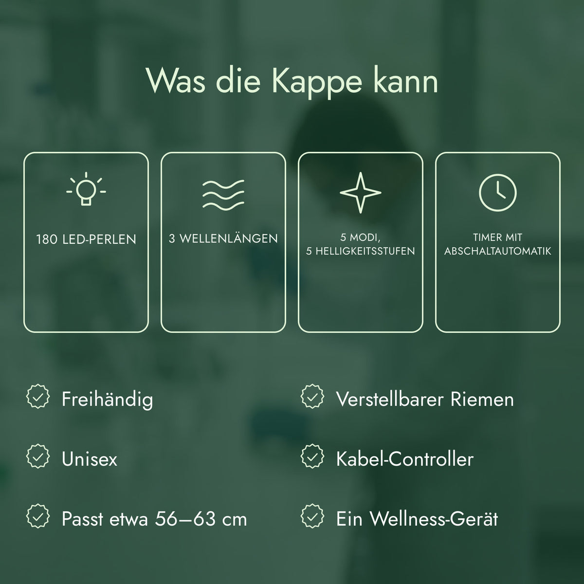 Was die Kappe kann: 180 LED-Perlen, 3 Wellenlängen, 5 Modi, 5 Helligkeitsstufen, Timer mit Abschaltautomatik