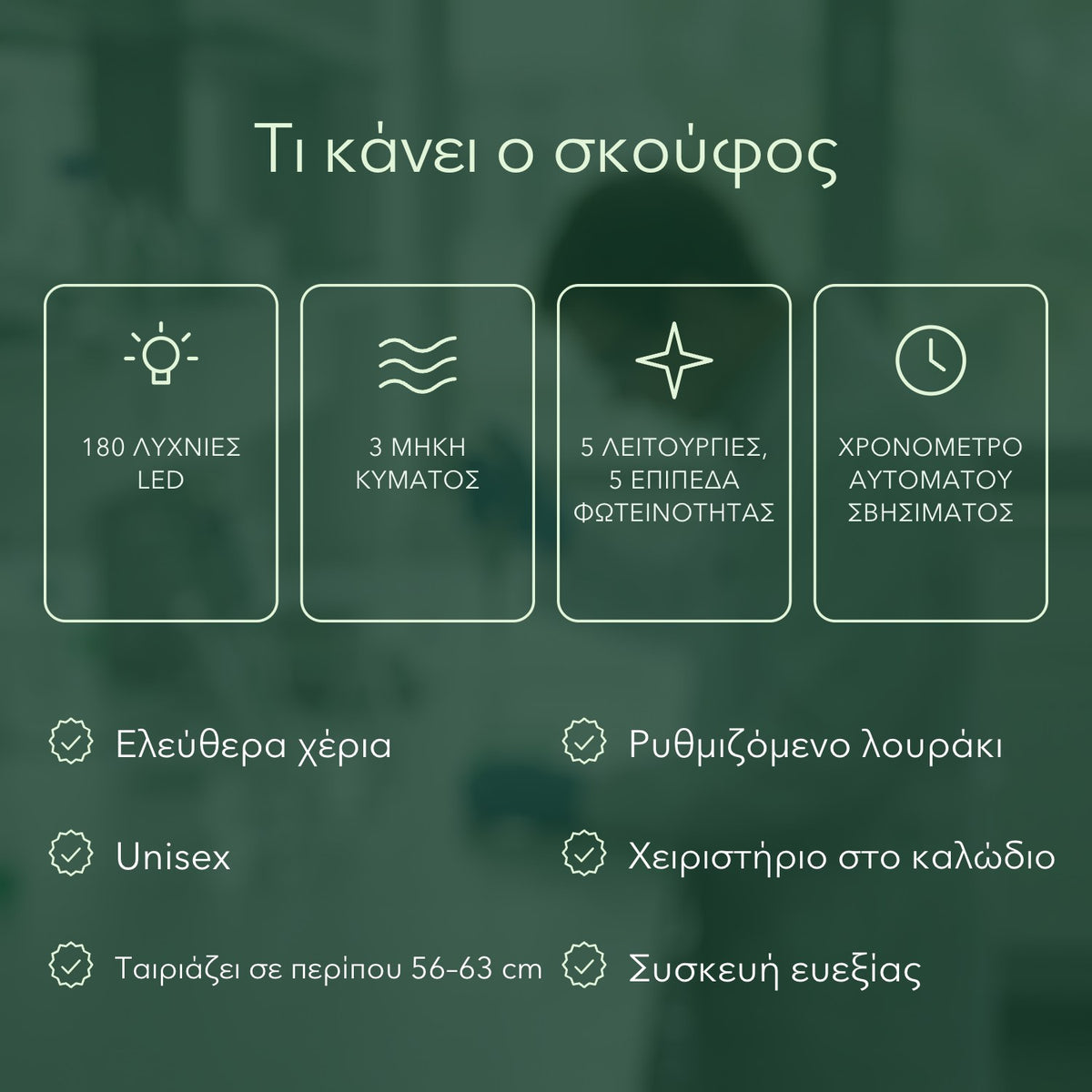 Τι κάνει ο σκούφος: 180 λυχνίες LED, 3 μήκη κύματος, 5 λειτουργίες, 5 επίπεδα φωτεινότητας, Χρονόμετρο αυτόματου σβησίματος