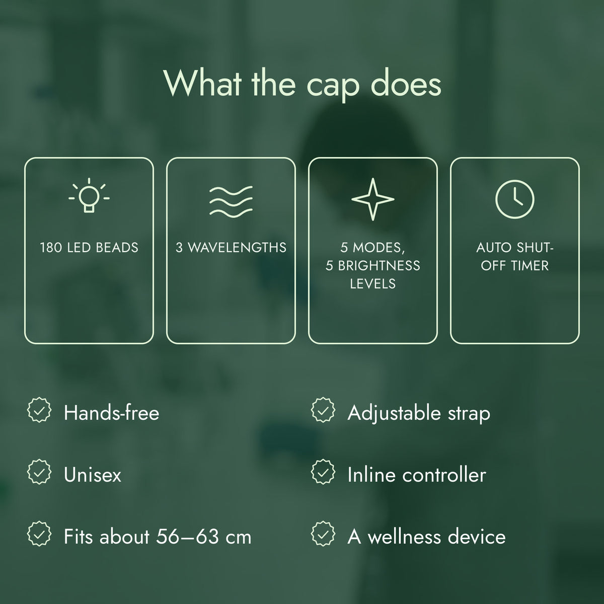 What the cap does: 180 LED beads, 3 wavelengths, 5 modes, 5 brightness levels, Auto shut-off timer