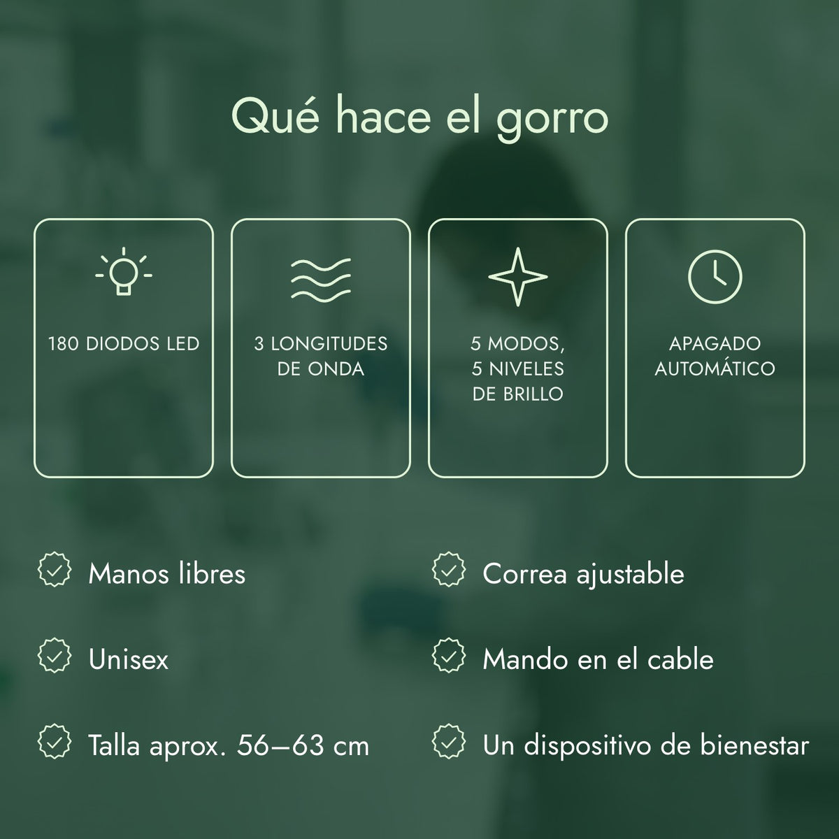 Qué hace el gorro: 180 diodos LED, 3 longitudes de onda, 5 modos, 5 niveles de brillo, Apagado automático