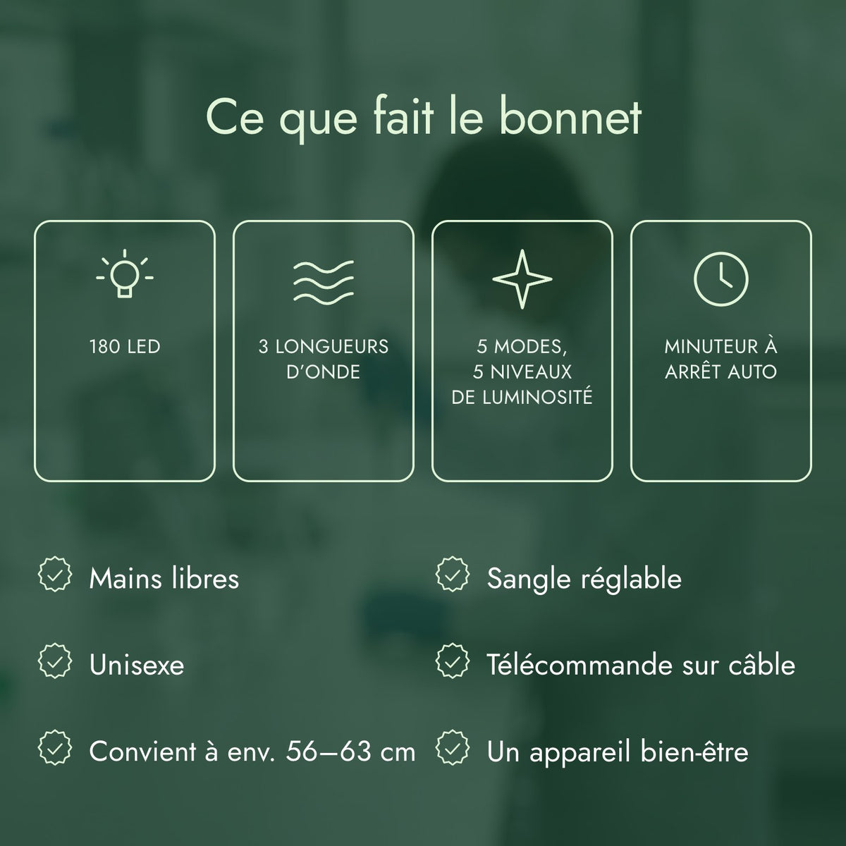 Ce que fait le bonnet: 180 LED, 3 longueurs d’onde, 5 modes, 5 niveaux de luminosité, Minuteur à arrêt auto