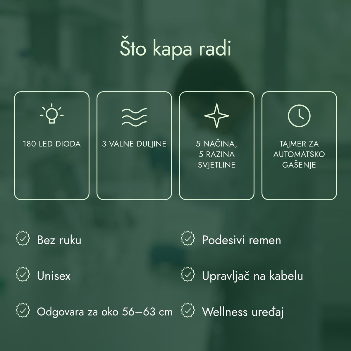 Što kapa radi: 180 LED dioda, 3 valne duljine, 5 načina, 5 razina svjetline, Tajmer za automatsko gašenje
