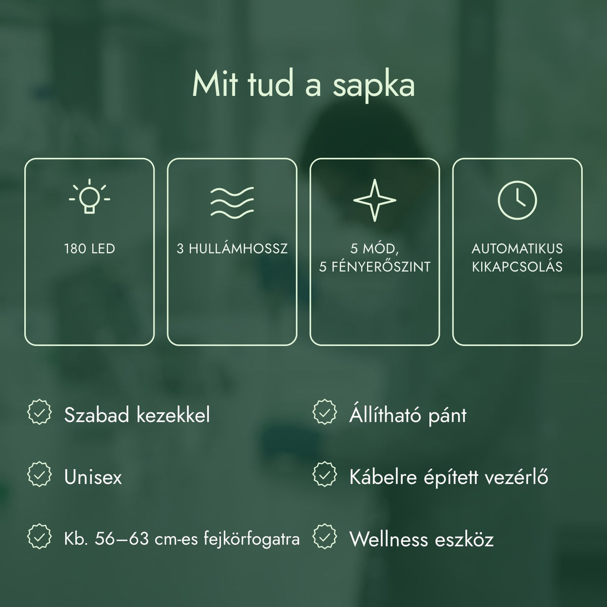Mit tud a sapka: 180 LED, 3 hullámhossz, 5 mód, 5 fényerőszint, Automatikus kikapcsolás