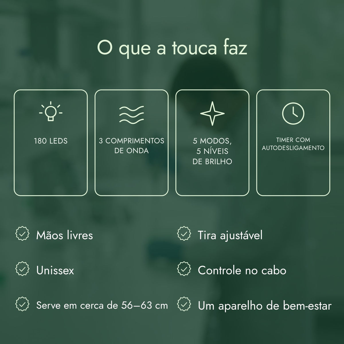 O que a touca faz: 180 LEDs, 3 comprimentos de onda, 5 modos, 5 níveis de brilho, Timer com autodesligamento