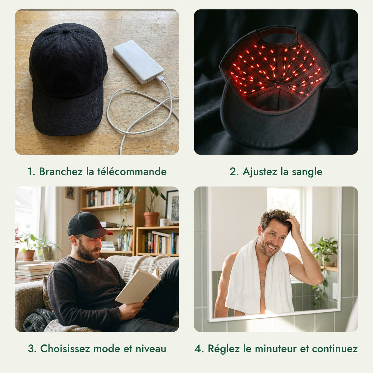 Bonnet infrarouge pour la pousse, 180 LED: Branchez la télécommande, Ajustez la sangle, Choisissez mode et niveau, Réglez le minuteur et continuez