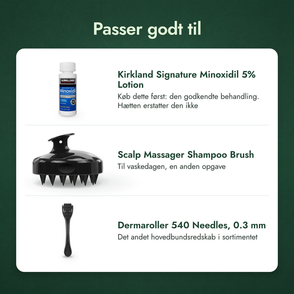 Passer godt til: Kirkland Signature Minoxidil 5%, Massagebørste til hovedbunden ved hårvask, Dermaroller 540 nåle, 0,3 mm