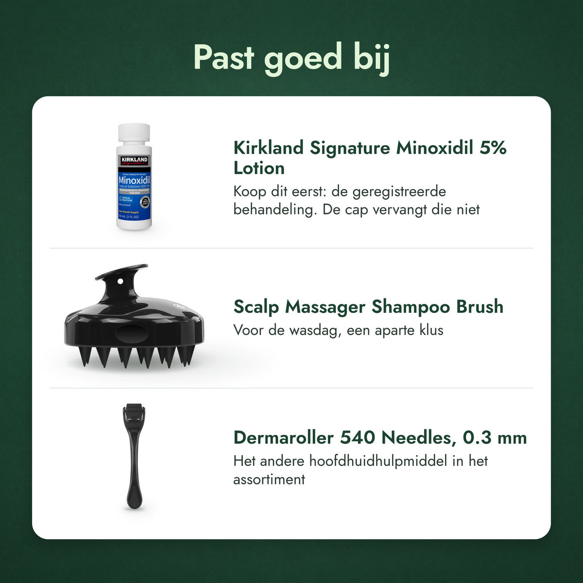 Past goed bij: Kirkland Signature Minoxidil 5%, Hoofdhuidmassager, shampooborstel, Dermaroller 540 naalden, 0,3 mm