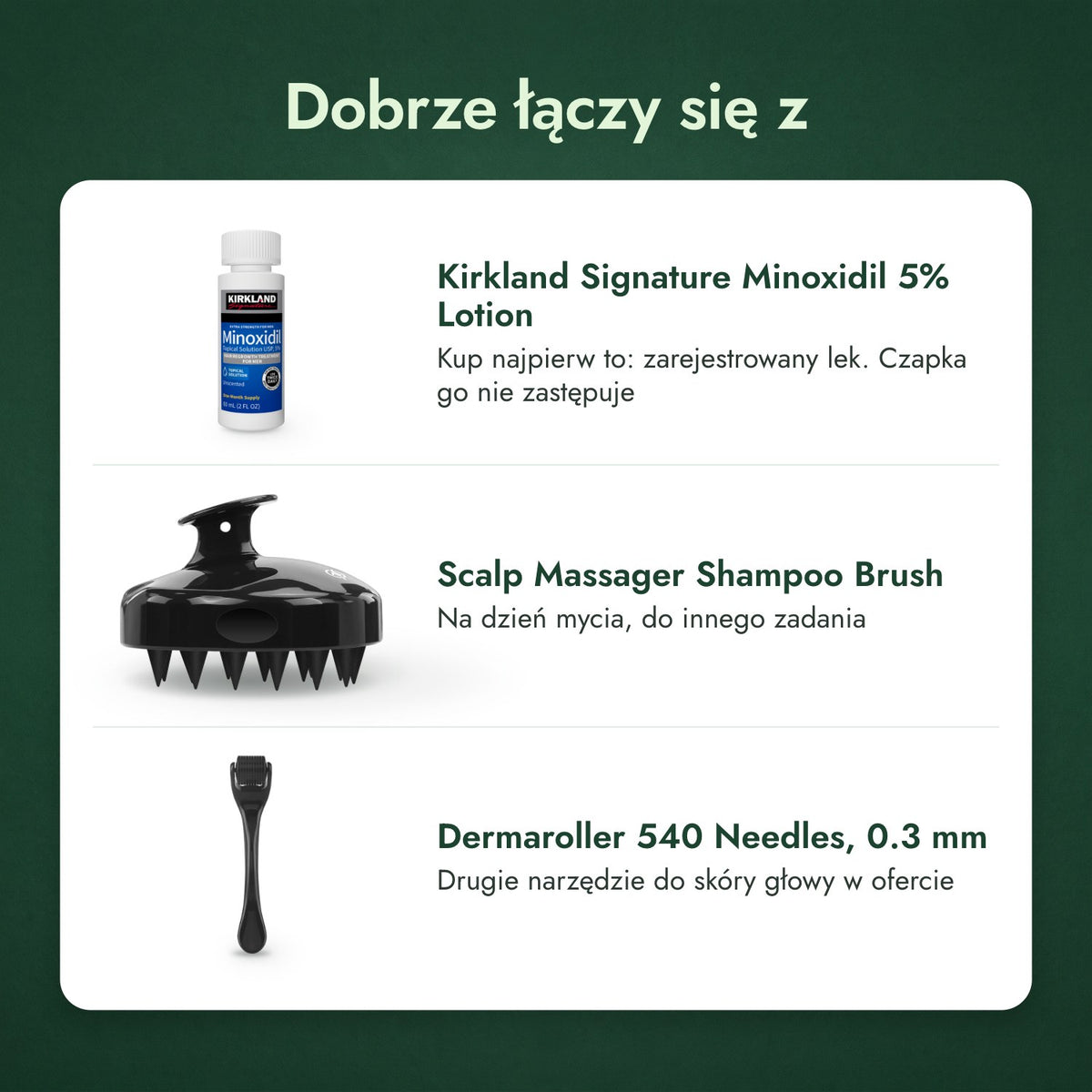 Dobrze łączy się z: Kirkland Signature Minoxidil 5%, Szczotka do masażu skóry głowy, Dermaroller 540 igieł, 0,3 mm