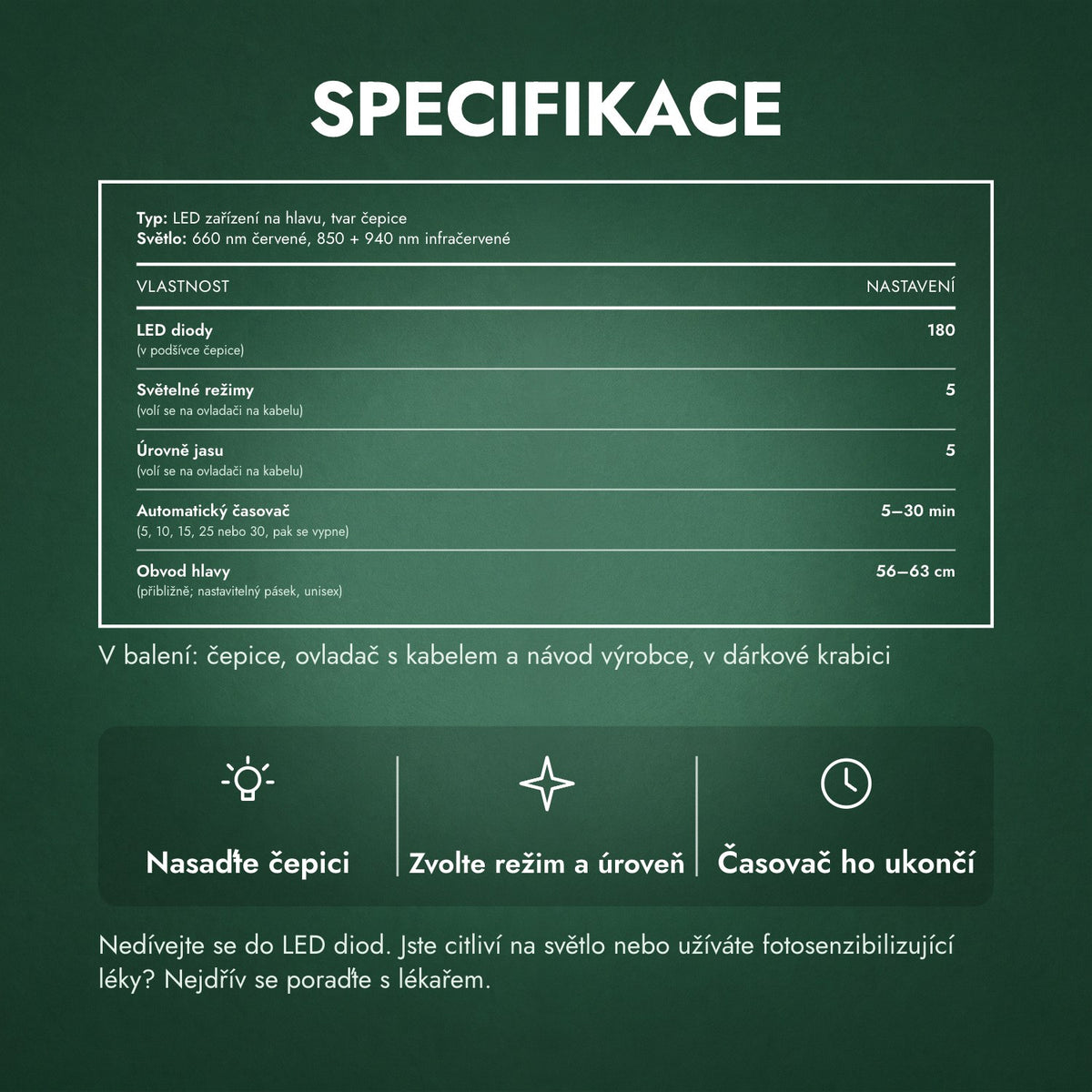 Specifikace: Infračervená čepice pro růst vlasů, 180 LED