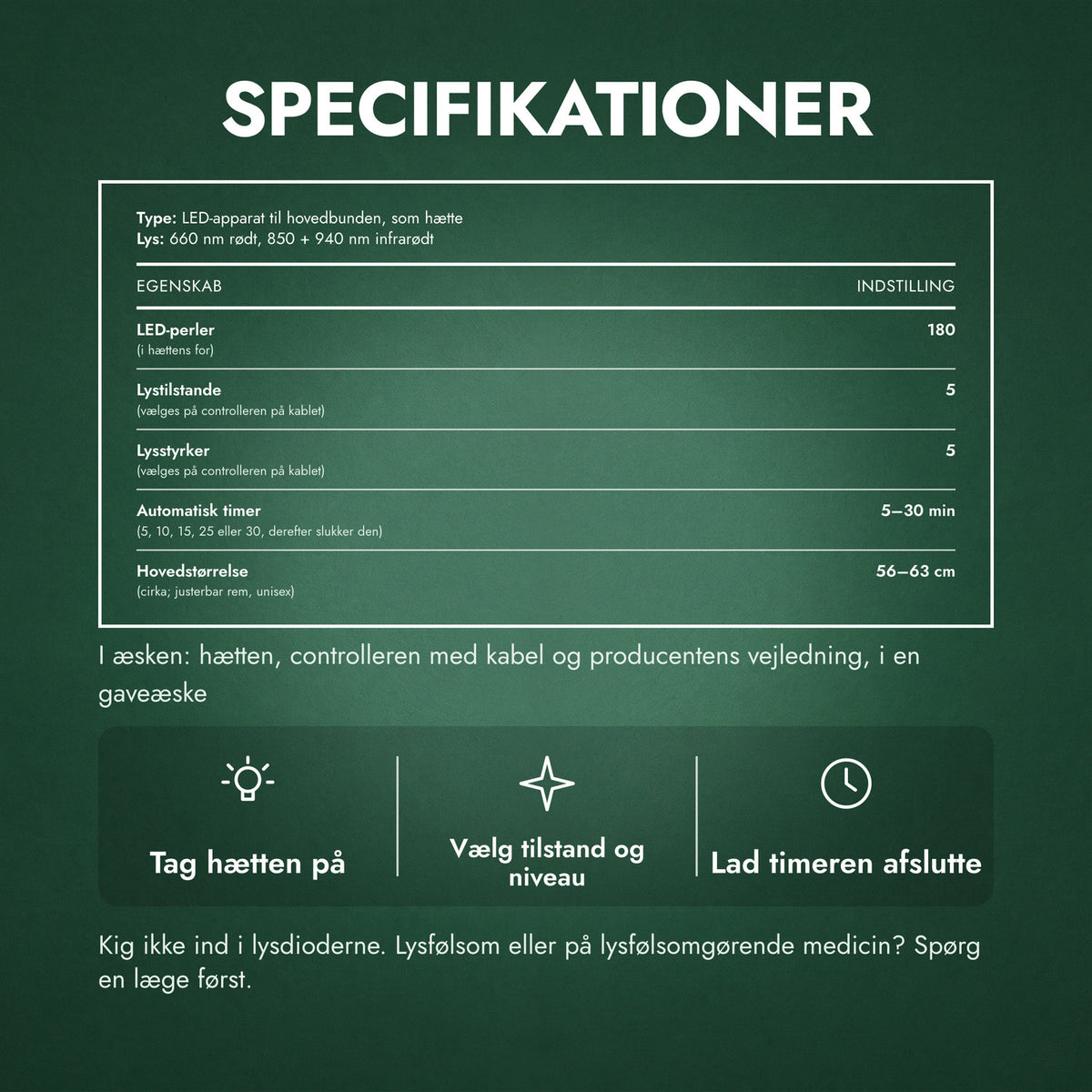 Specifikationer: Infrarød hårvæksthætte, 180 LED
