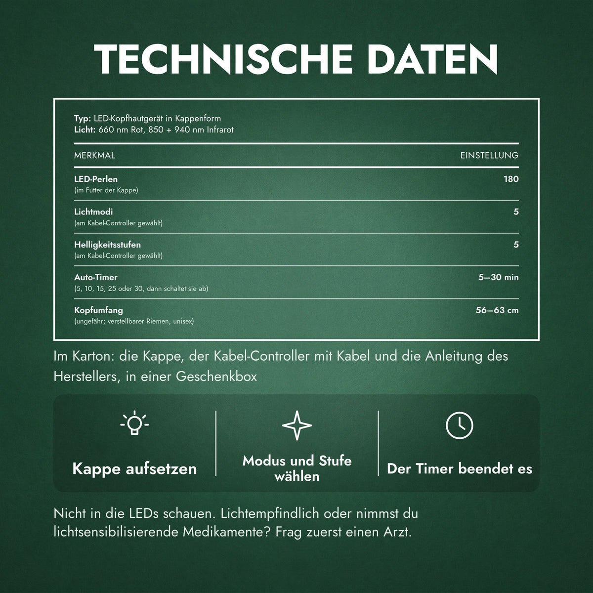 Technische Daten: Infrarot-Haarwachstumskappe, 180 LEDs