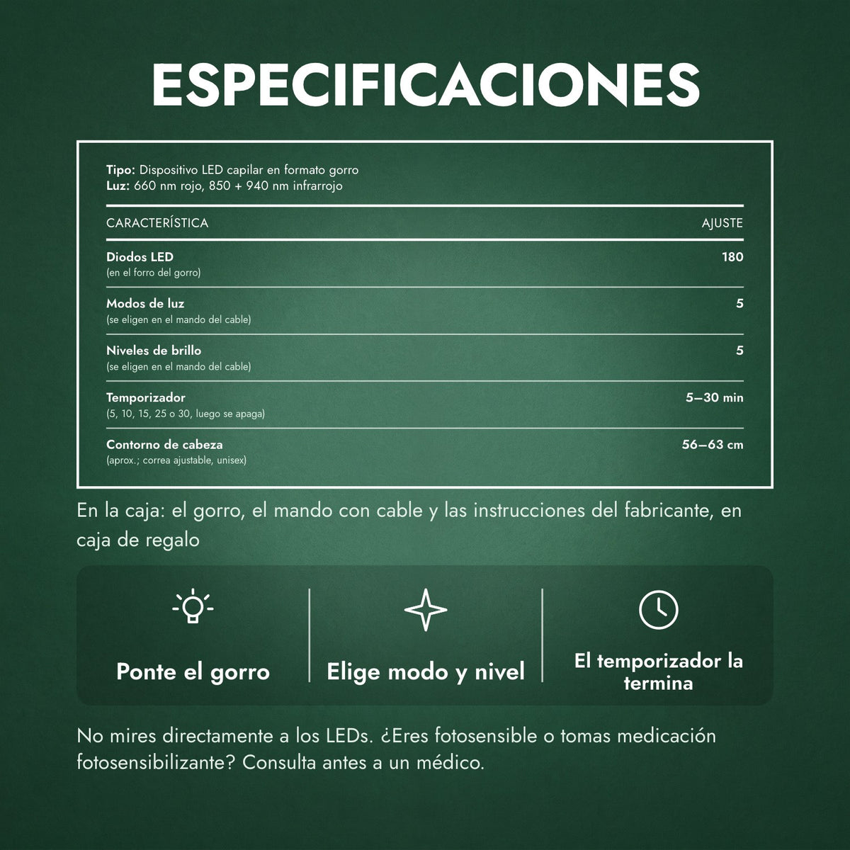 Especificaciones: Gorro infrarrojo de crecimiento capilar, 180 LEDs