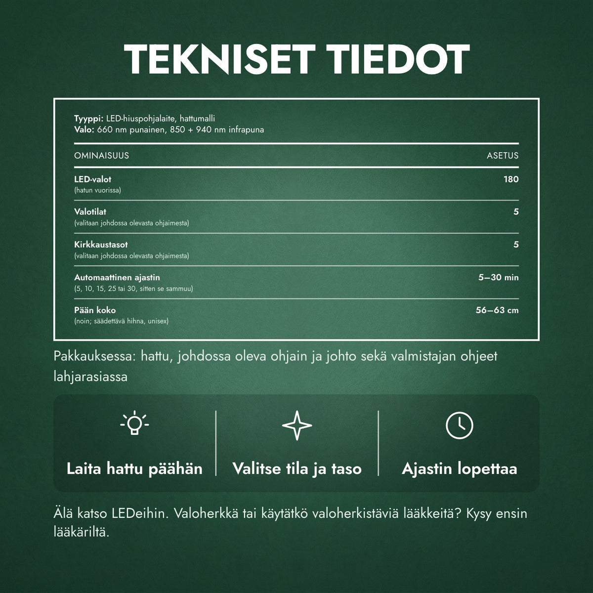 Tekniset tiedot: Infrapunahattu hiusten kasvuun, 180 LEDiä