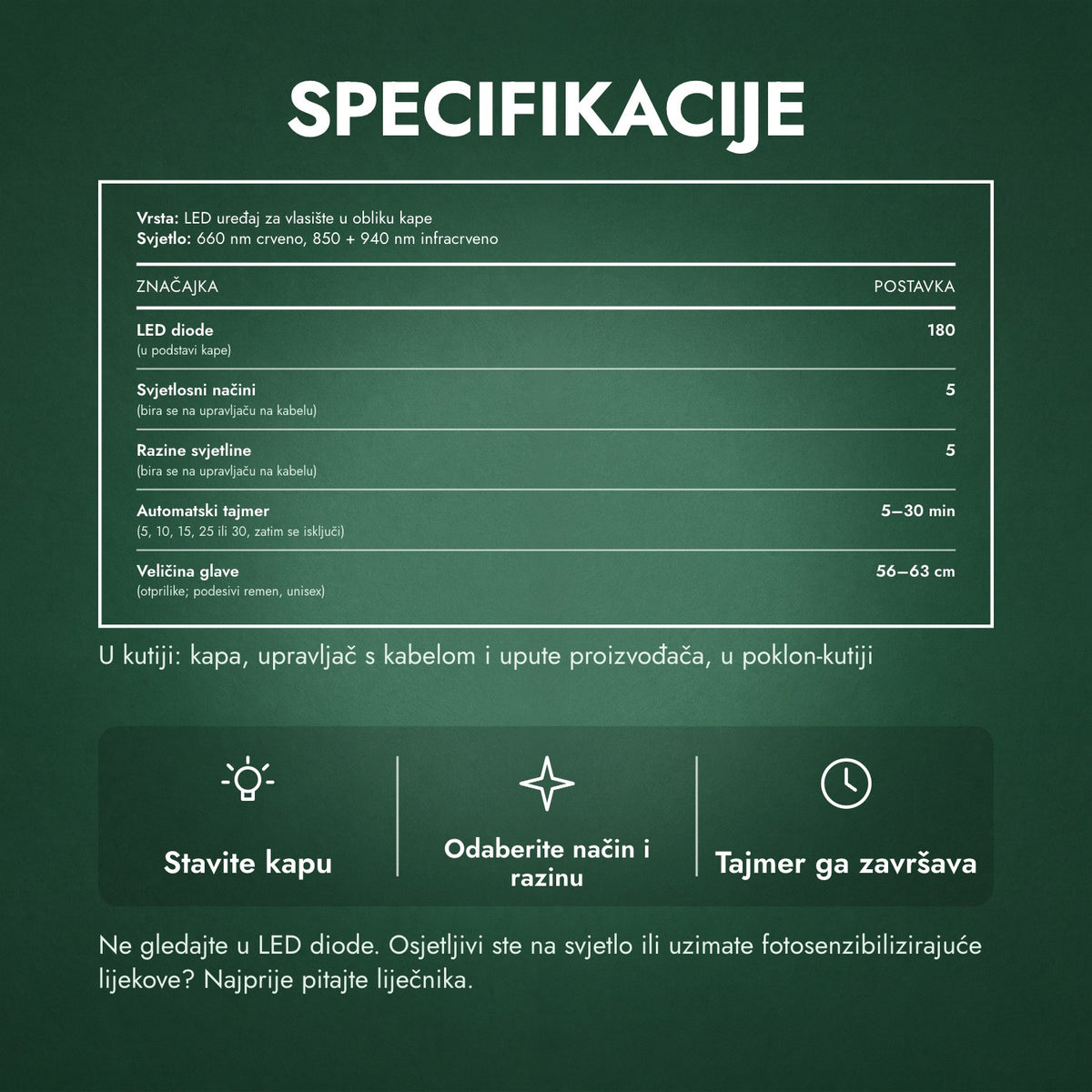 Specifikacije: Infracrvena kapa za rast kose, 180 LED