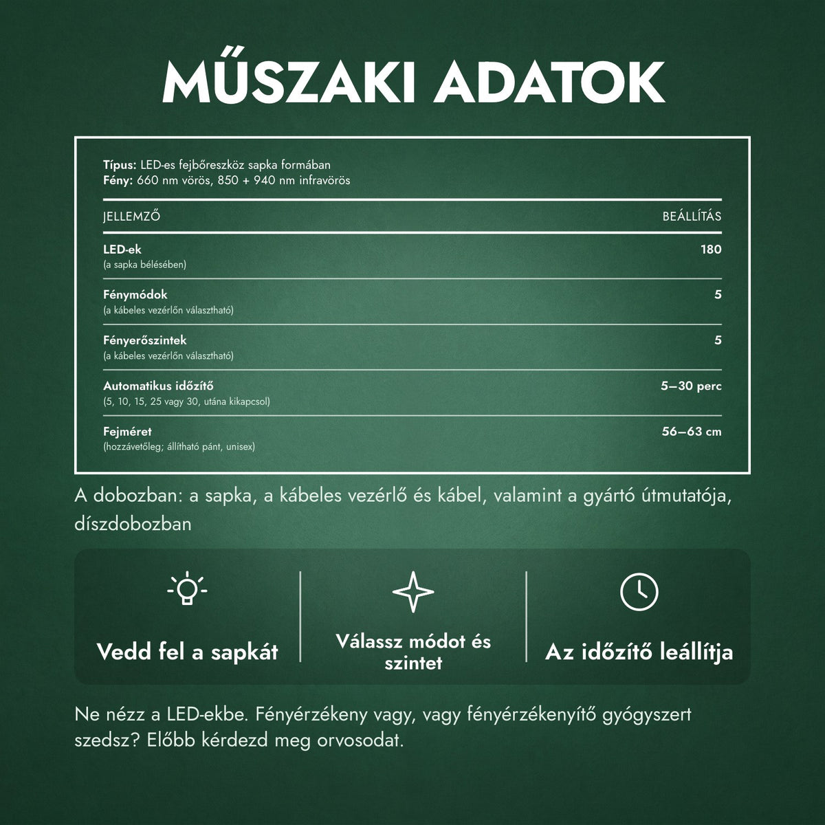 Műszaki adatok: Infravörös hajnövesztő sapka, 180 LED