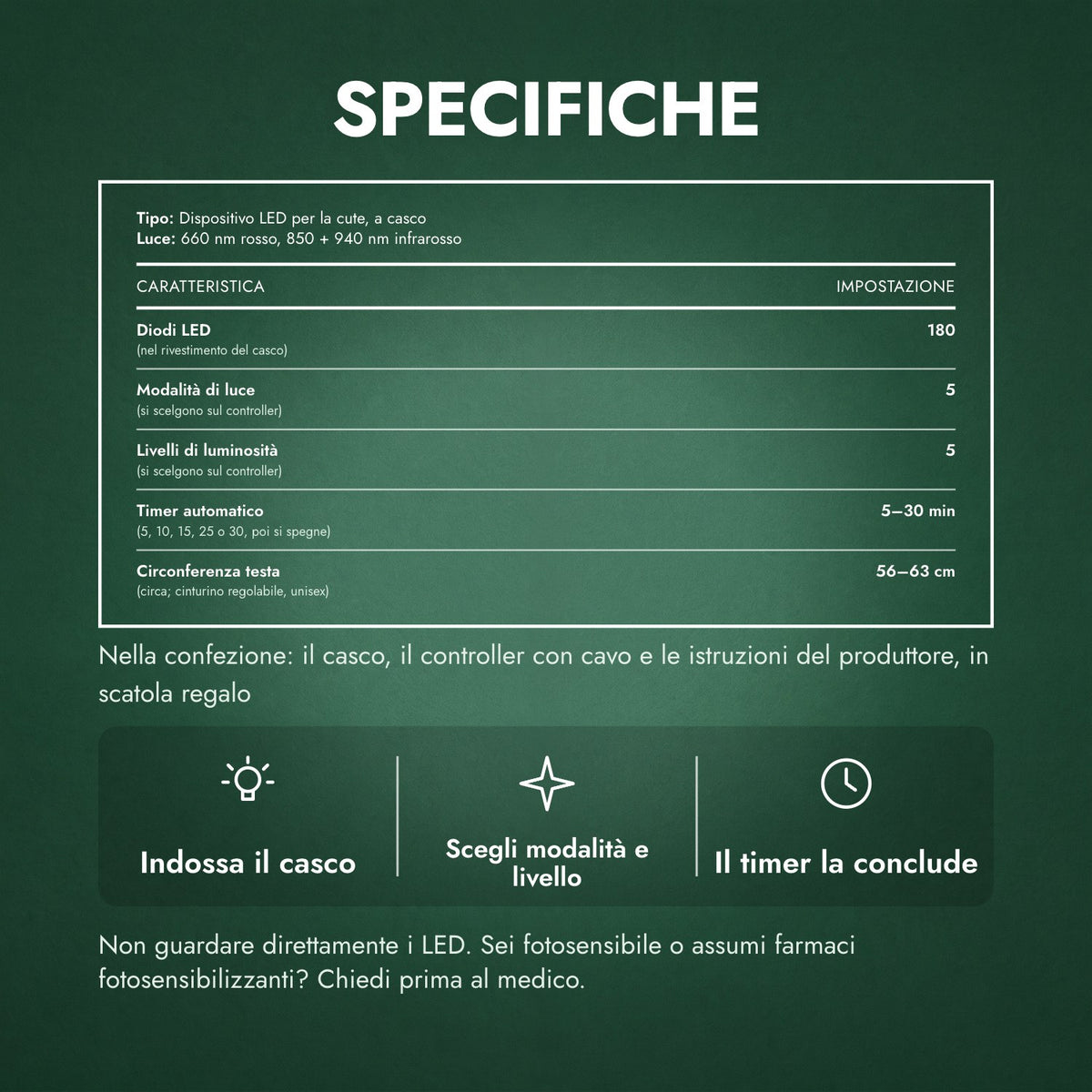 Specifiche: Casco a infrarossi per crescita capelli, 180 LED