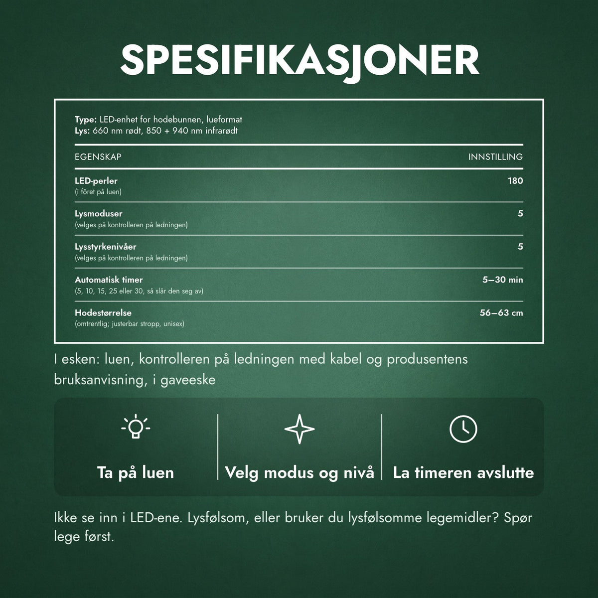 Spesifikasjoner: Infrarød lue for hårvekst, 180 LED-er