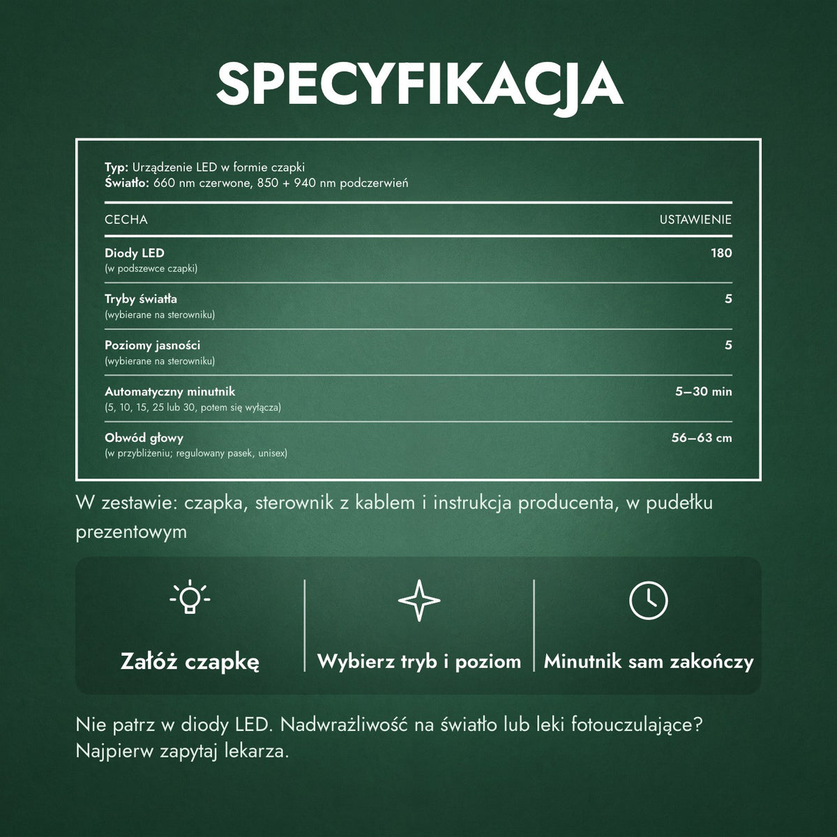 Specyfikacja: Czapka na podczerwień na porost włosów, 180 LED