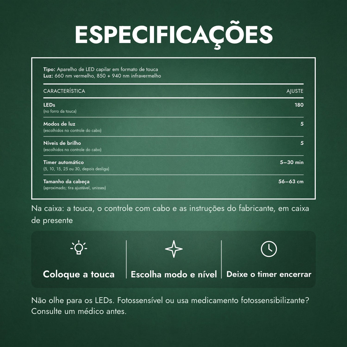 Especificações: Touca capilar infravermelha, 180 LEDs