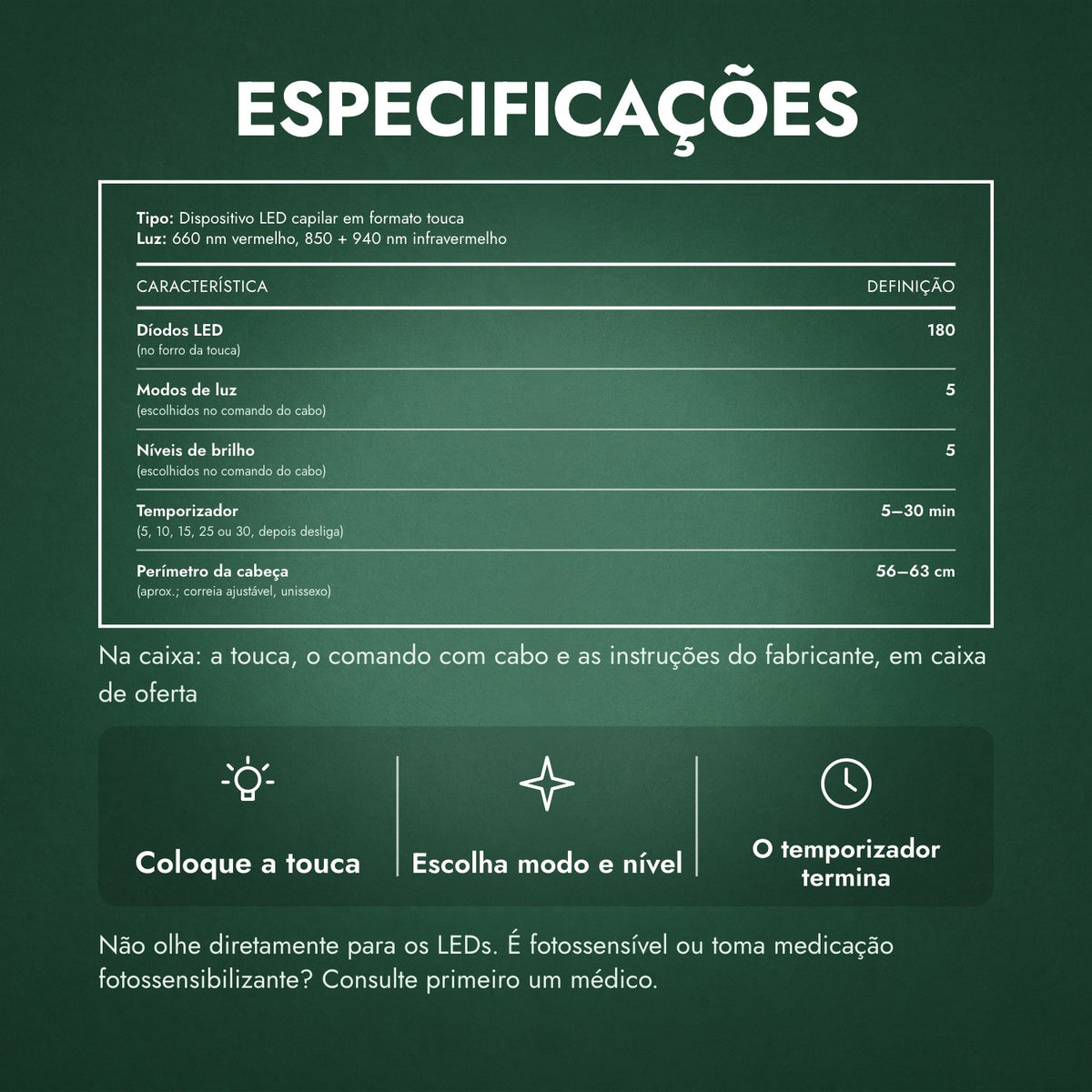 Especificações: Touca infravermelha de crescimento capilar, 180 LED
