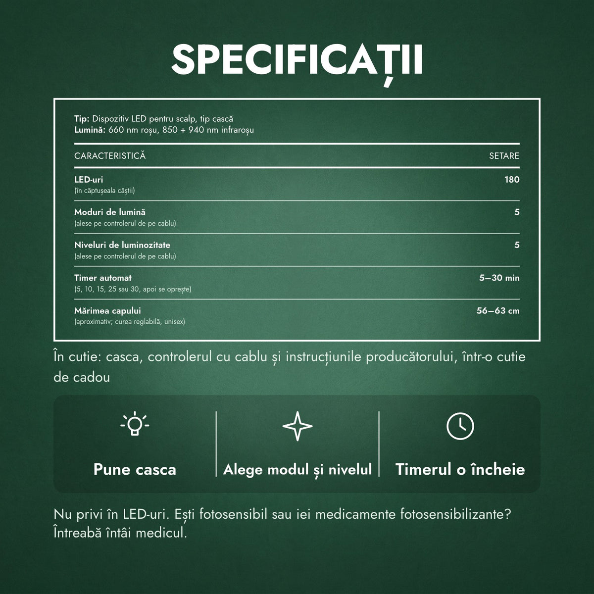 Specificații: Cască infraroșu pentru creșterea părului, 180 LED
