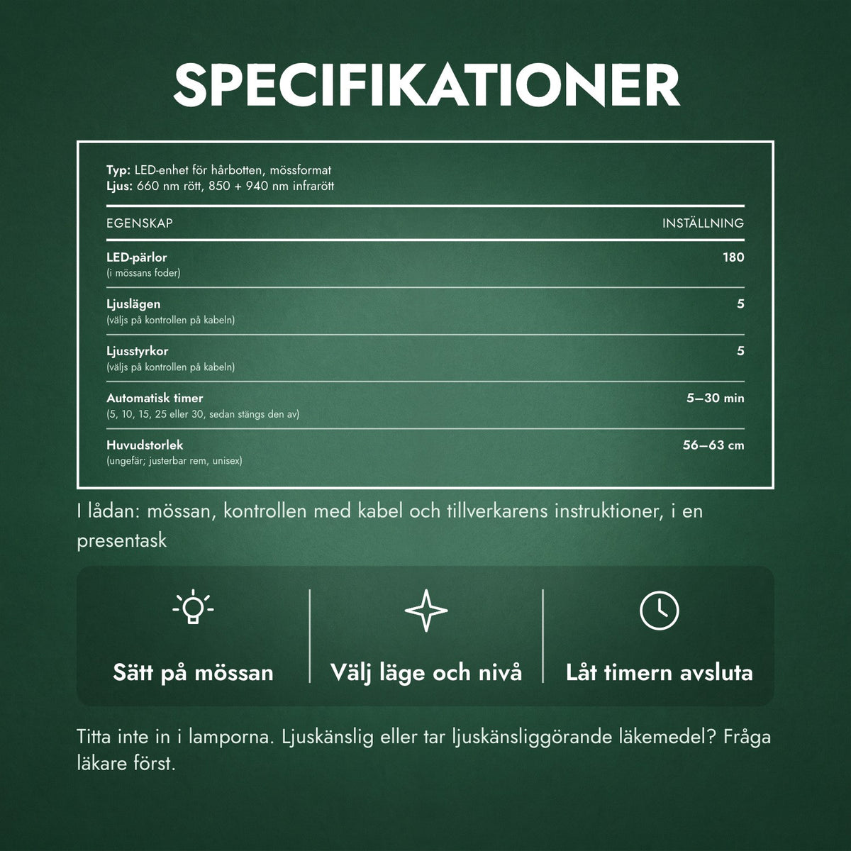 Specifikationer: Infraröd hårväxtmössa, 180 LED