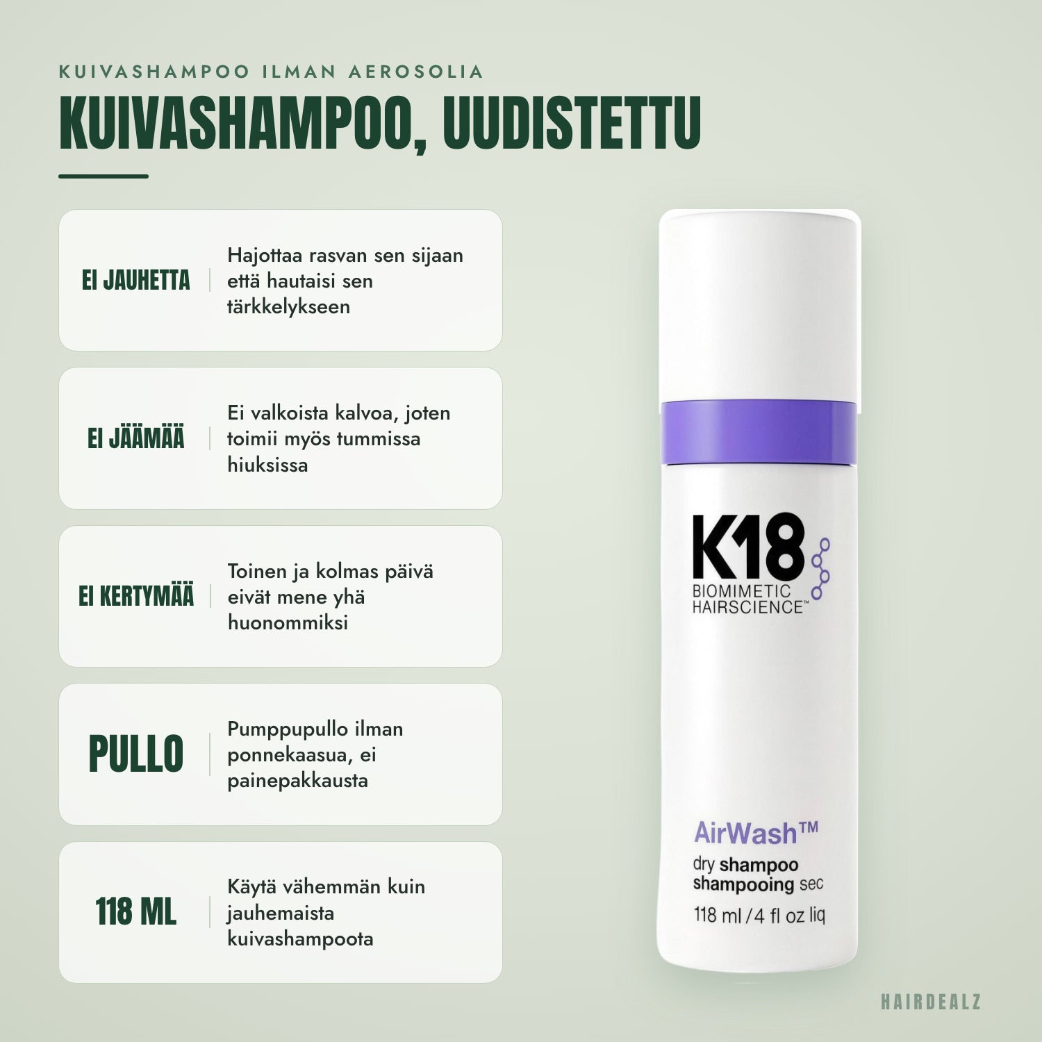 Miksi K18 AirWash eroaa tavallisesta jauhemaisesta kuivashampoosta