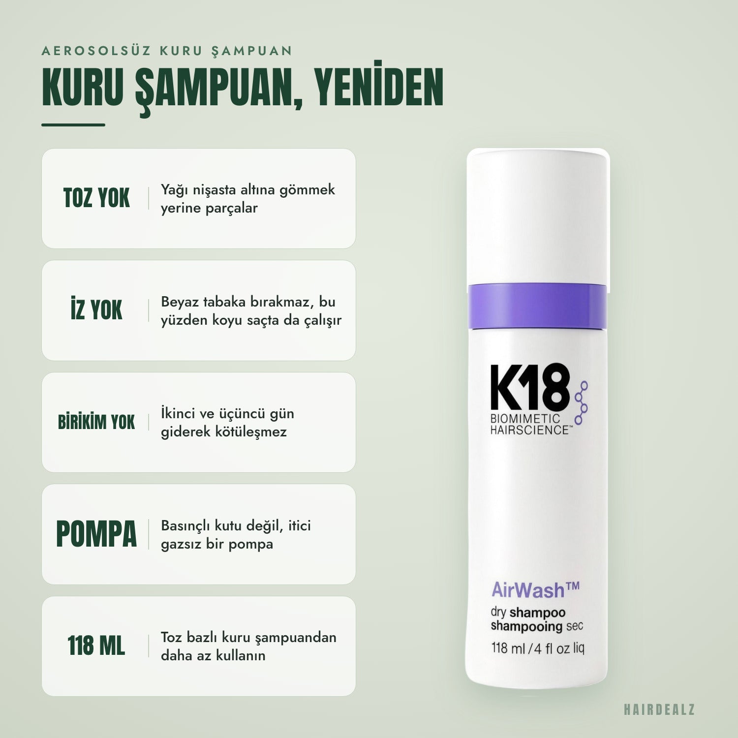 K18 AirWash toz kuru şampuandan neden farklı