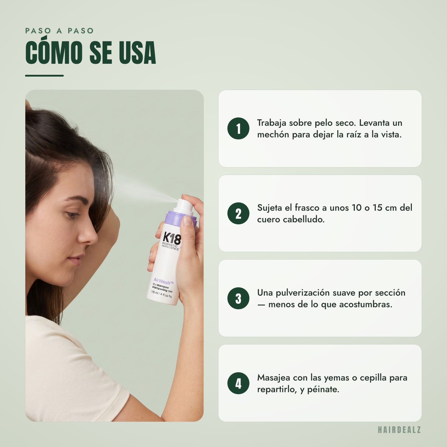 Cómo usar el champú en seco K18 AirWash, paso a paso