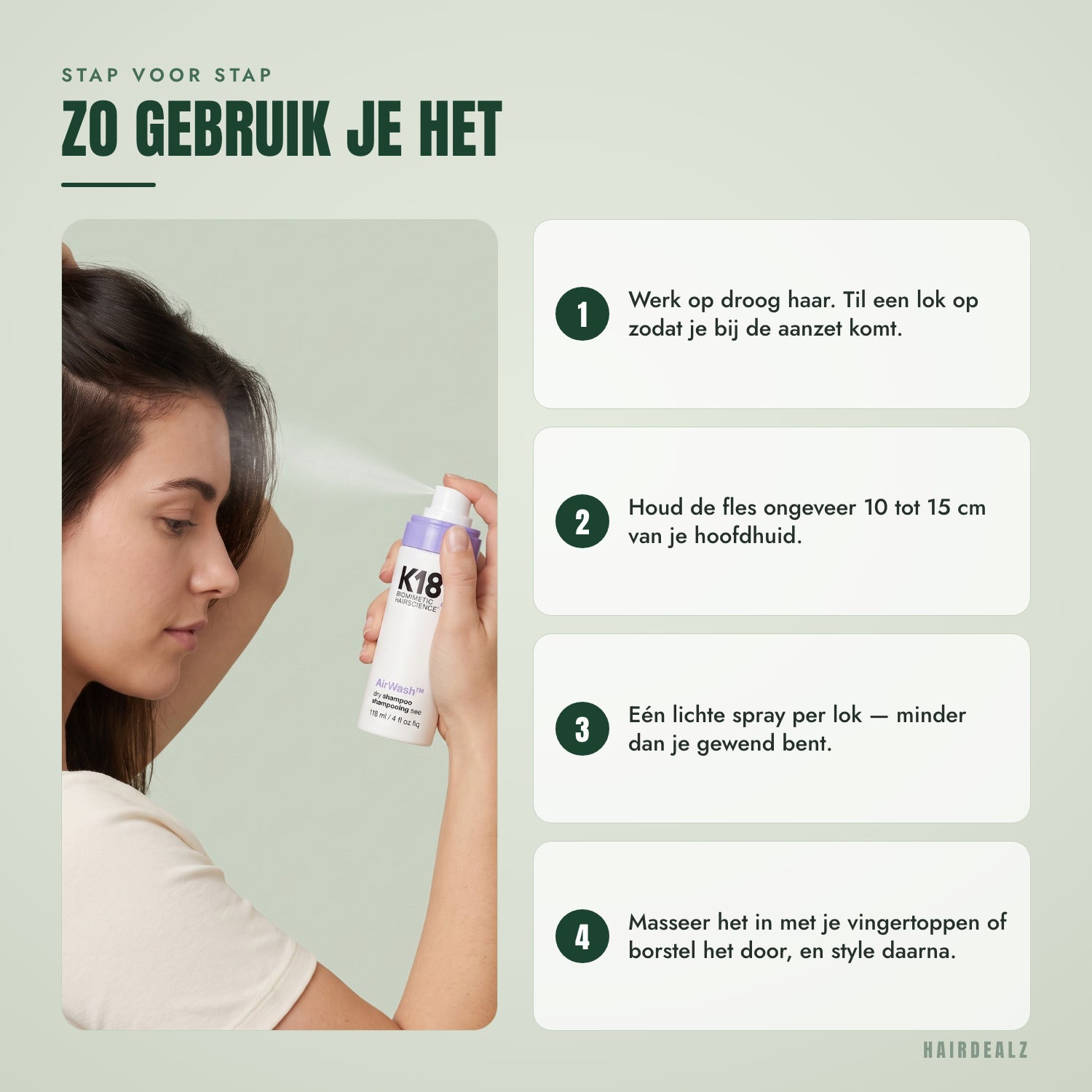 Zo gebruik je K18 AirWash droogshampoo, stap voor stap