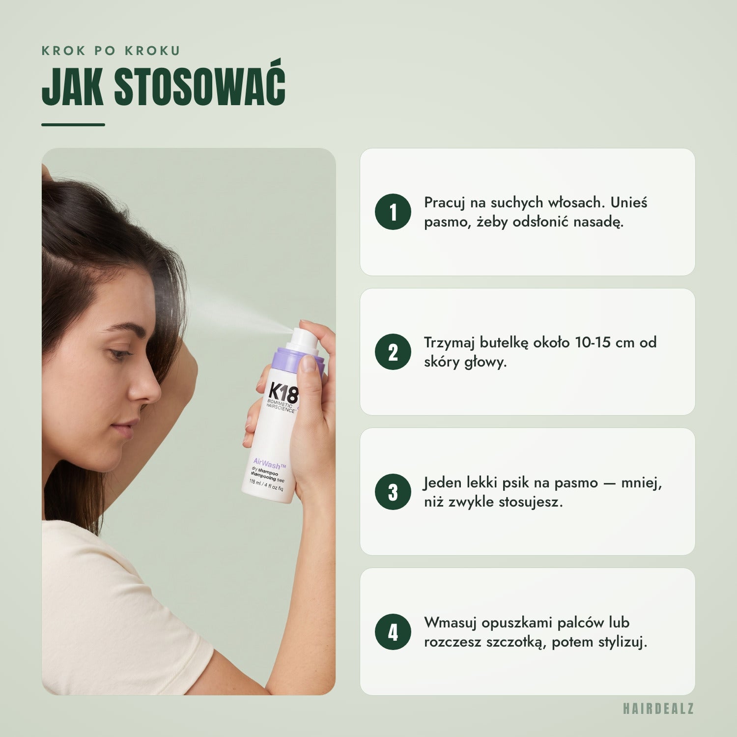 Jak używać suchego szamponu K18 AirWash krok po kroku