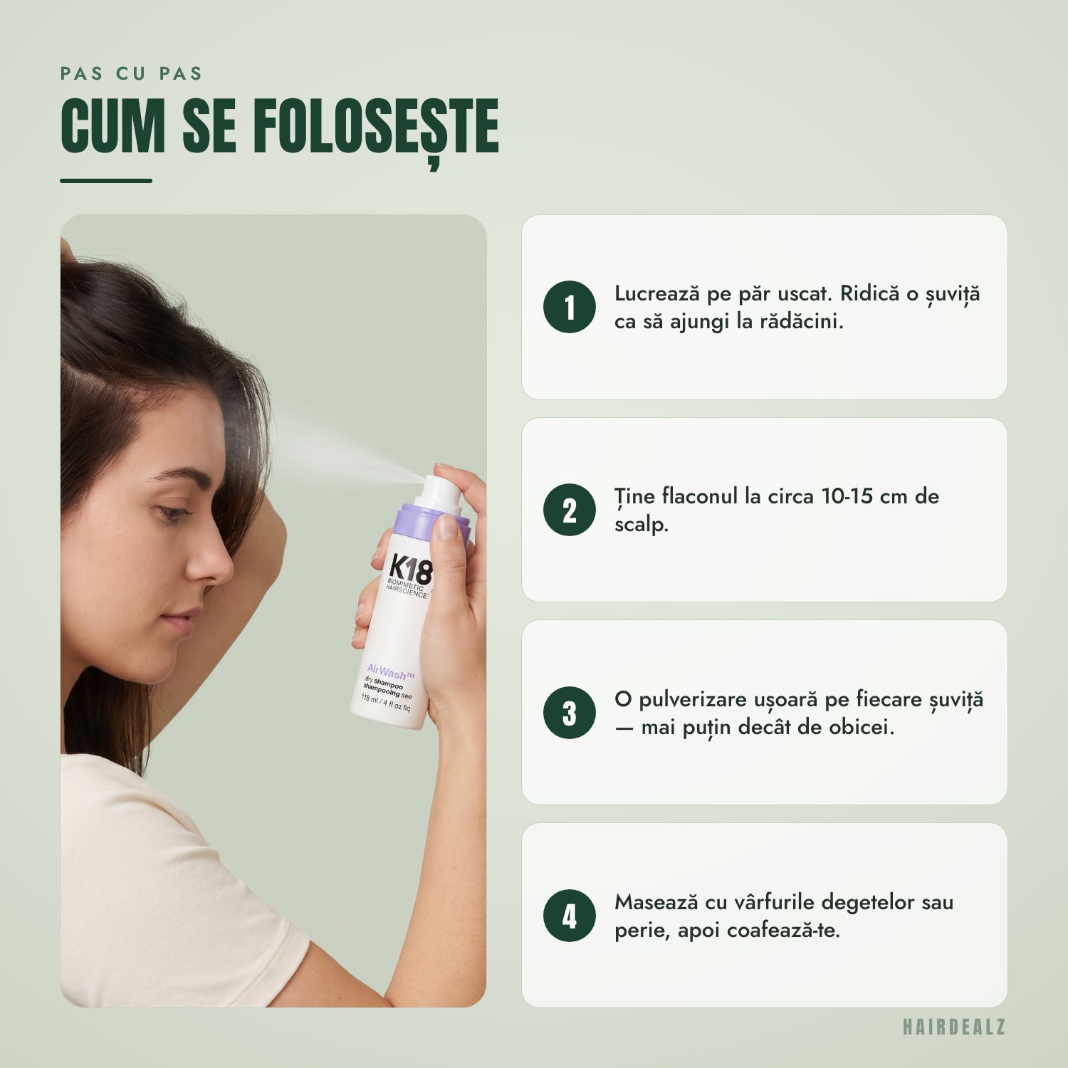 Cum folosești șamponul uscat K18 AirWash, pas cu pas