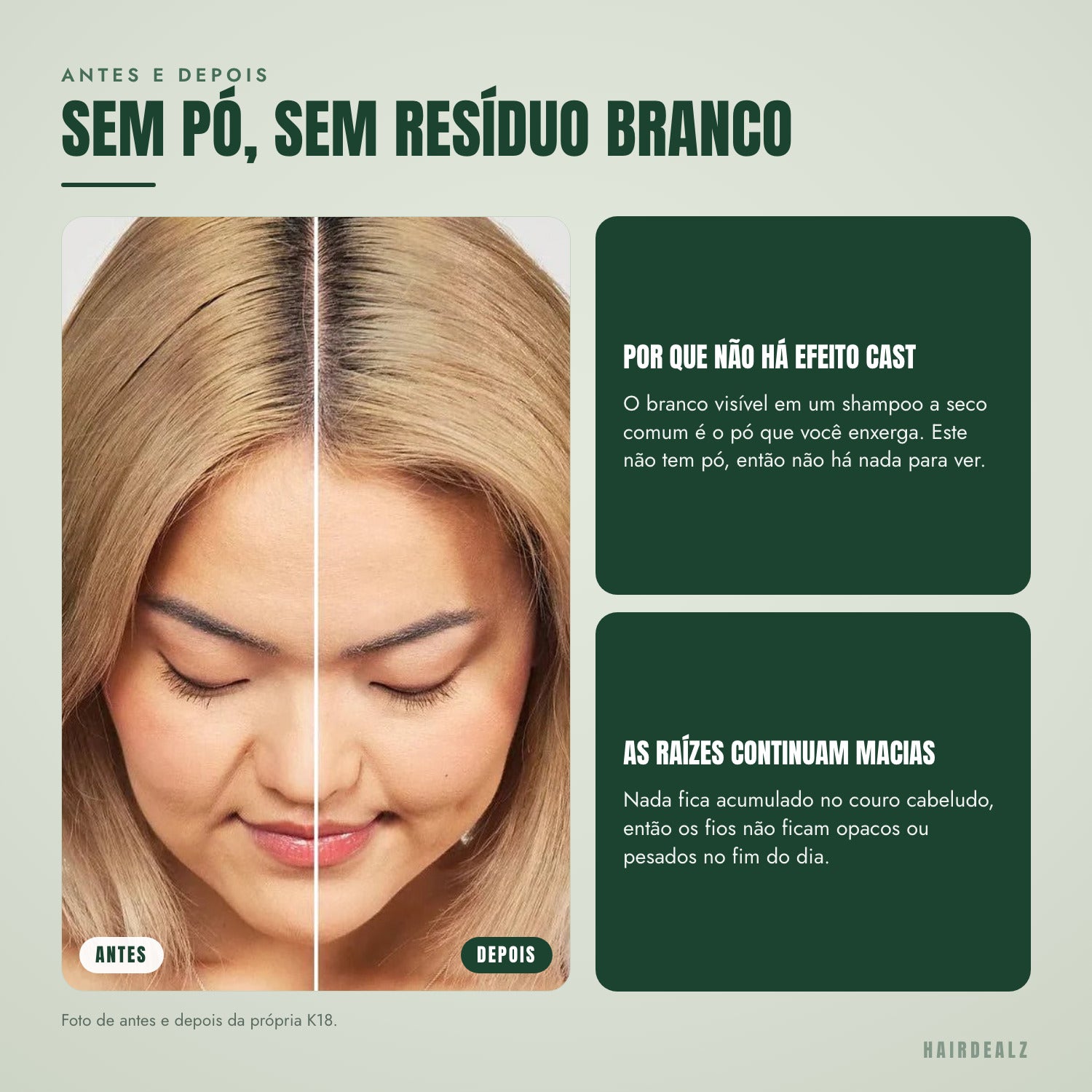 Raízes antes e depois do shampoo a seco K18 AirWash