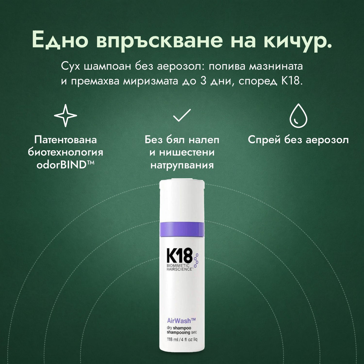 Сух шампоан K18 AirWash: Едно впръскване на кичур. Патентована биотехнология odorBIND™, Без бял налеп и нишестени натрупвания, Спрей без аерозол